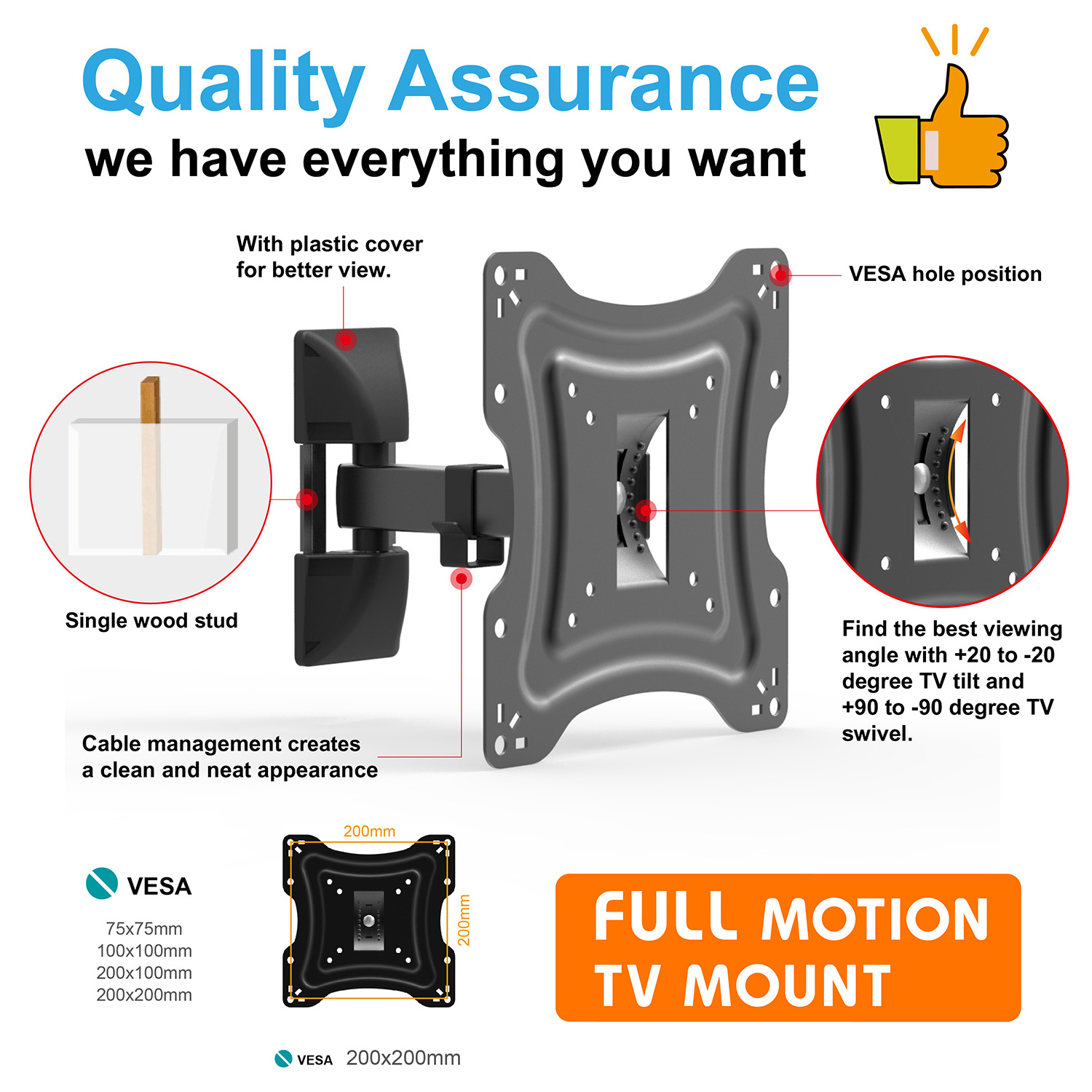 Charmount Swivel TV Wall Mount Max VESA 100x100mm 200x200mm  hold 17-42 Inches Tilt and Swivel Single Arm