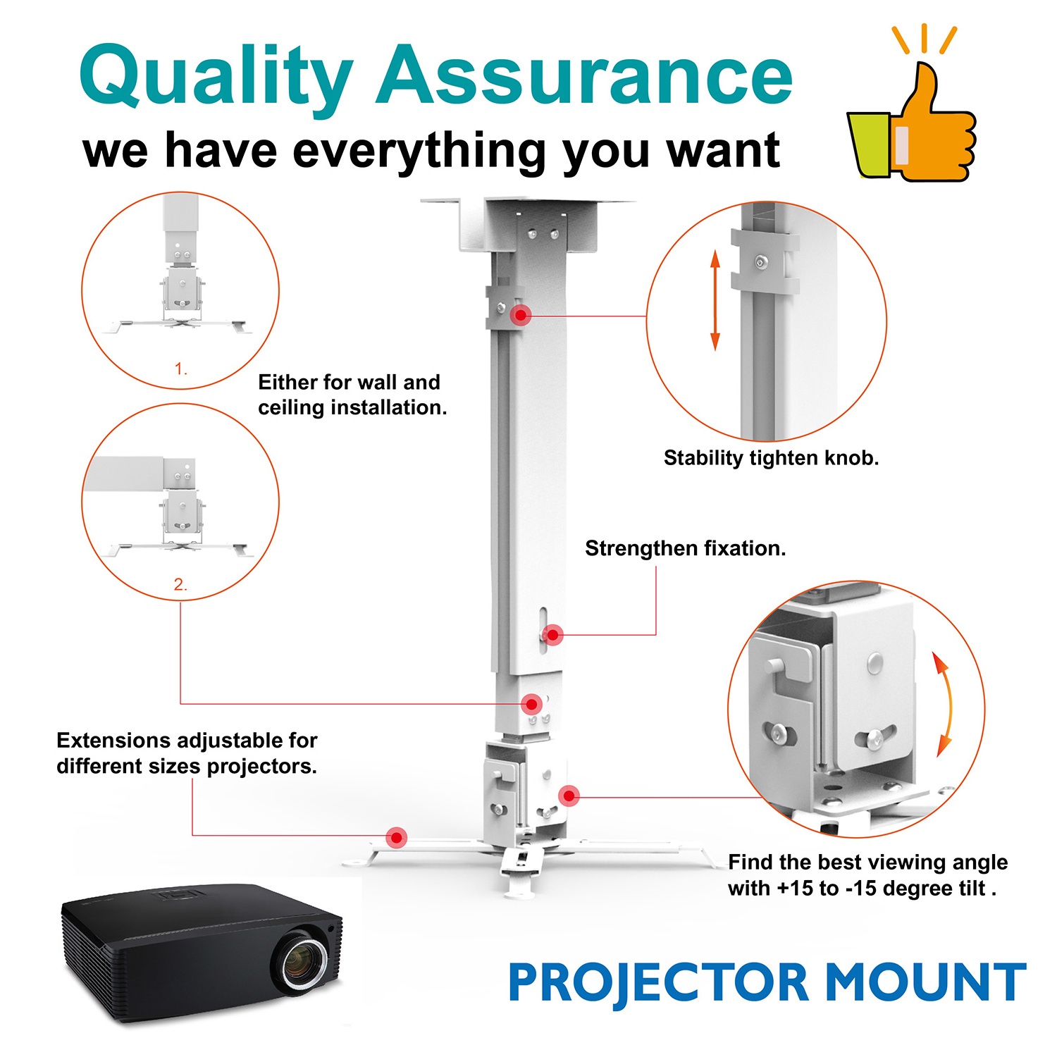 CHARMOUNT Professional supply projector ceiling mount with 10kgs loading capacity, retractable projector mount