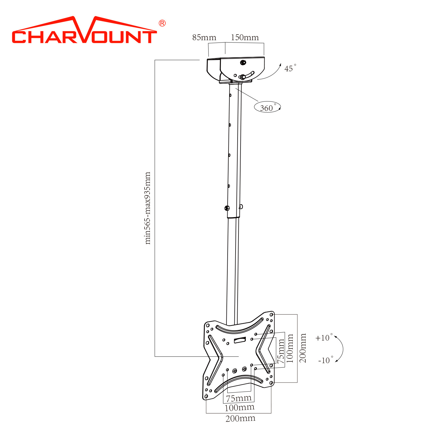 Charmount Full Motion LCD 360 Degree Swivel Ceiling Tv Bracket Tv Ceiling Mount Drop Down TV Lift