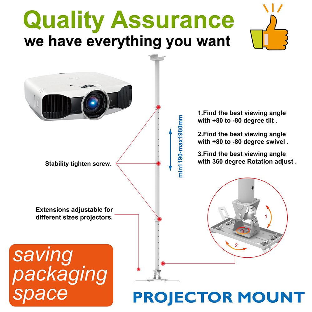 Charmount Easy Install Retractable Projector Mount Adjustable Projector Bracket Ceiling Mount