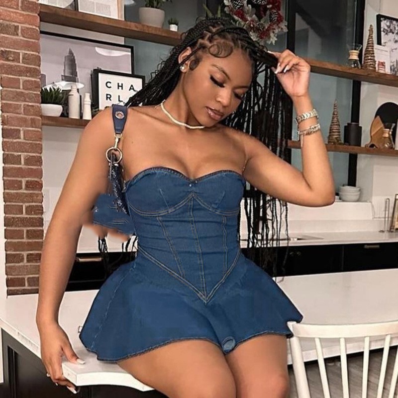 Charm Women Clothing Dresses Sexy Zipper Sleeveless Corset Bodycon Jean Dress Short Faux Denim Dress