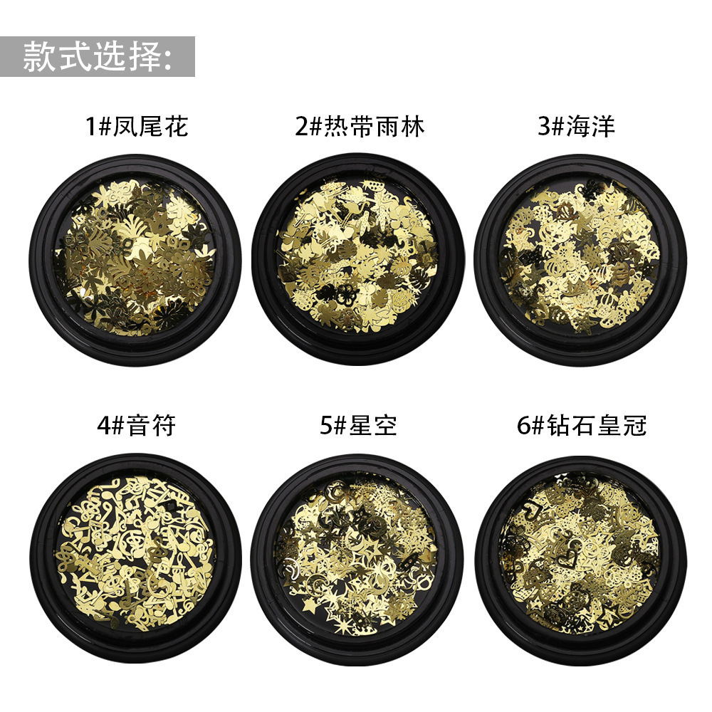 Nail art gold sticker ultrathin metal plating sheet 6 styles heart moon star diamond Musical notation shape nail decals