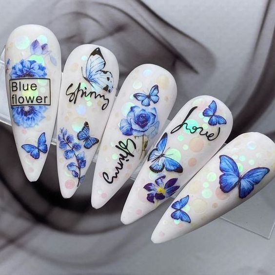 Blue Butterfly 3D Nail Stickers Flowers Leaves Self Adhesive Transfer Sliders Wraps Manicures Foils DIY Decorations