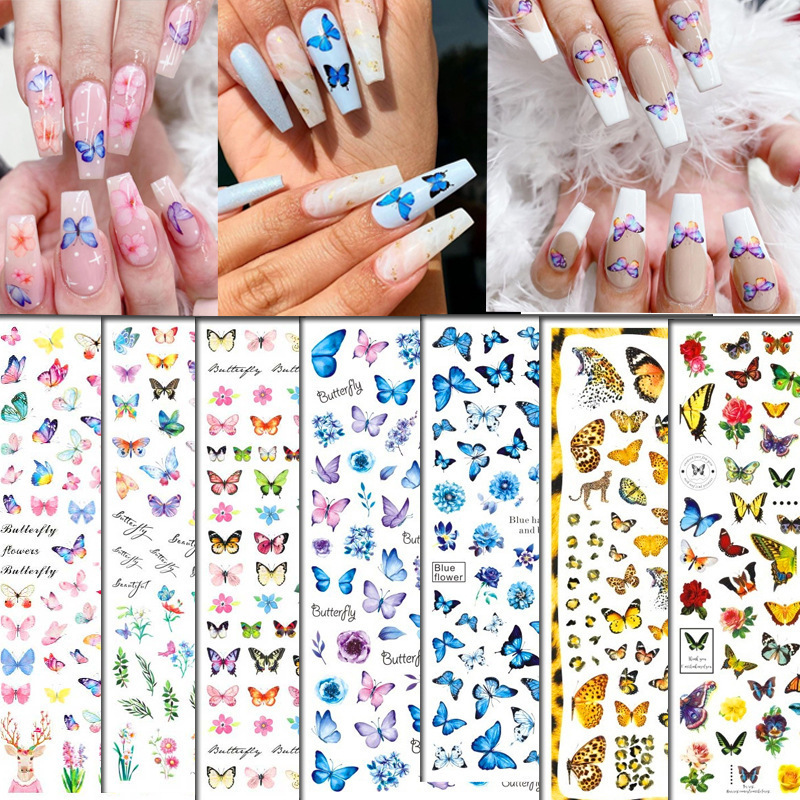 Blue Butterfly 3D Nail Stickers Flowers Leaves Self Adhesive Transfer Sliders Wraps Manicures Foils DIY Decorations