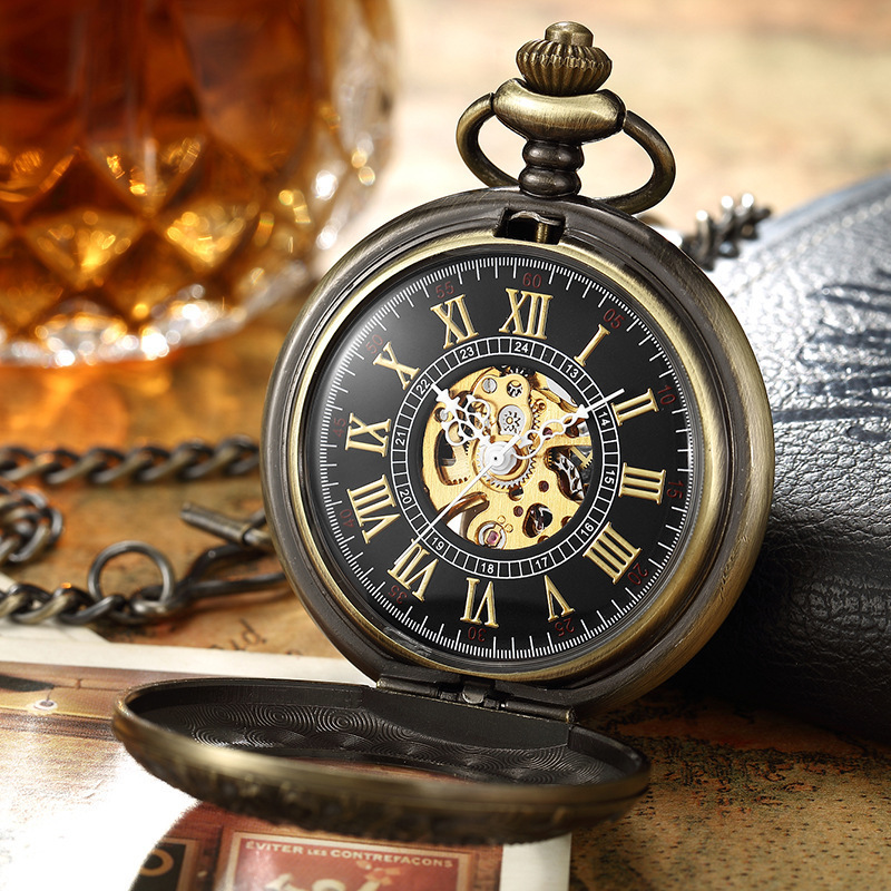 Steampunk Blue Hands Scale Mechanical Skeleton Pocket Watch with Chain