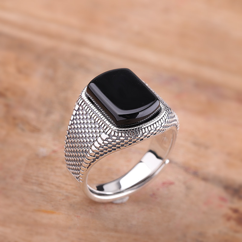 Ajustable Black Onyx Stone Silver 925 Ring Designs For Men