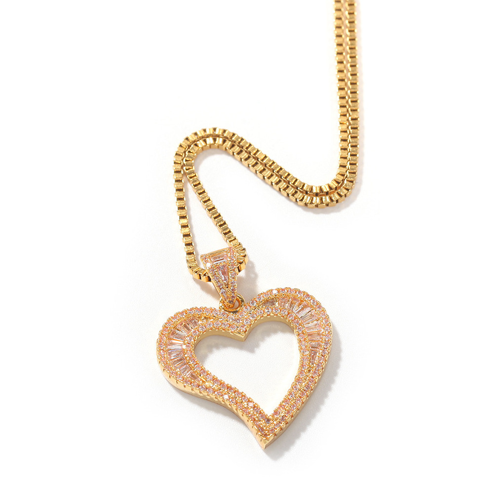 Gold Plated Hollowed Out CZ Zircon Heart Shape Pendant Necklace Jewelry For Women Men