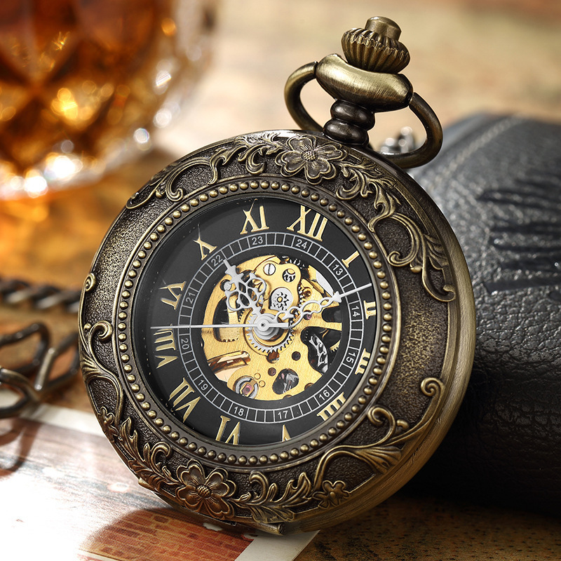 Steampunk Blue Hands Scale Mechanical Skeleton Pocket Watch with Chain