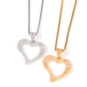 Gold Plated Hollowed Out CZ Zircon Heart Shape Pendant Necklace Jewelry For Women Men