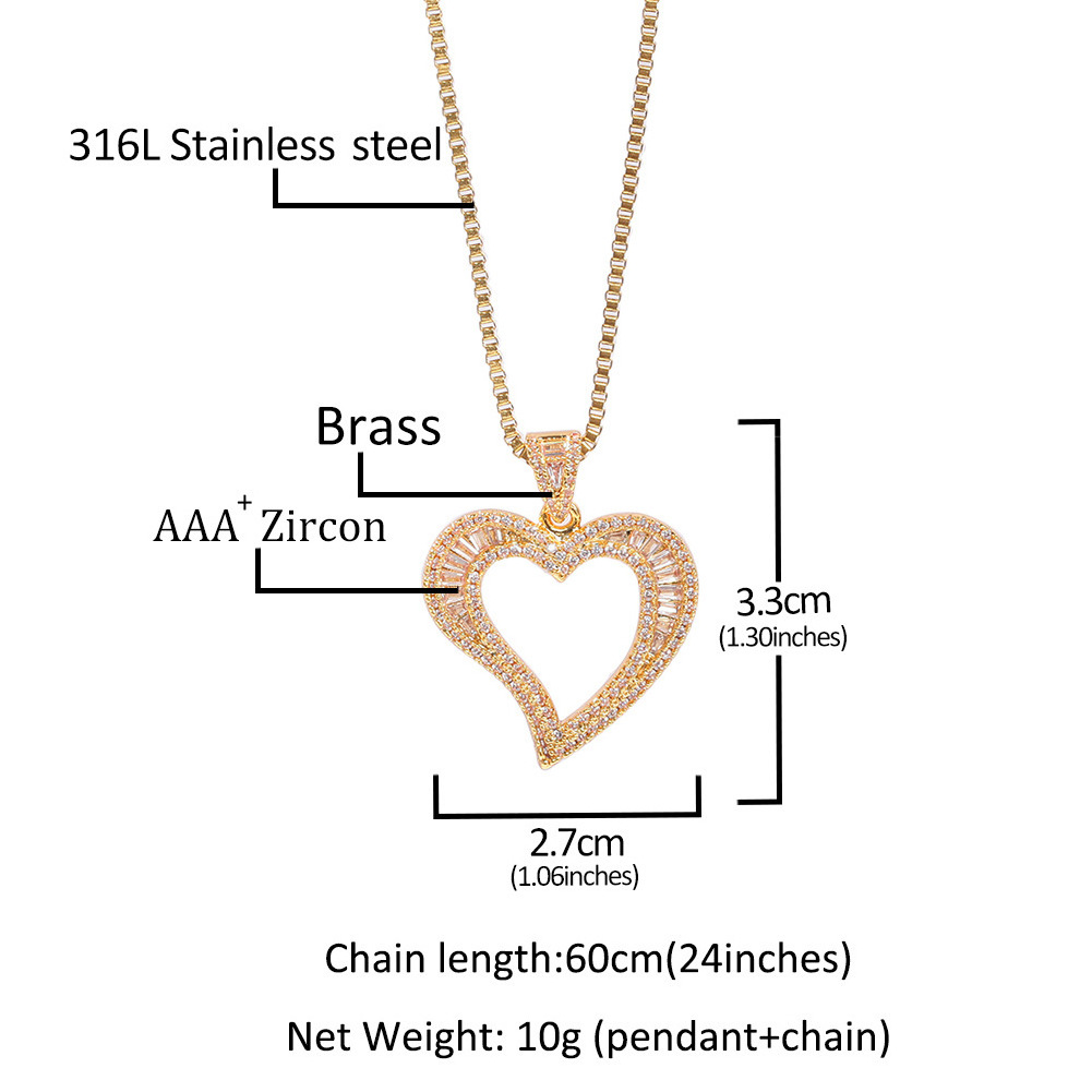 Gold Plated Hollowed Out CZ Zircon Heart Shape Pendant Necklace Jewelry For Women Men