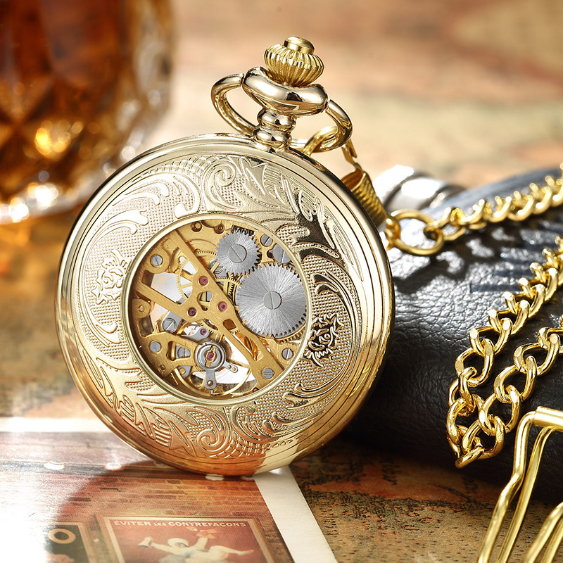 Steampunk Blue Hands Scale Mechanical Skeleton Pocket Watch with Chain