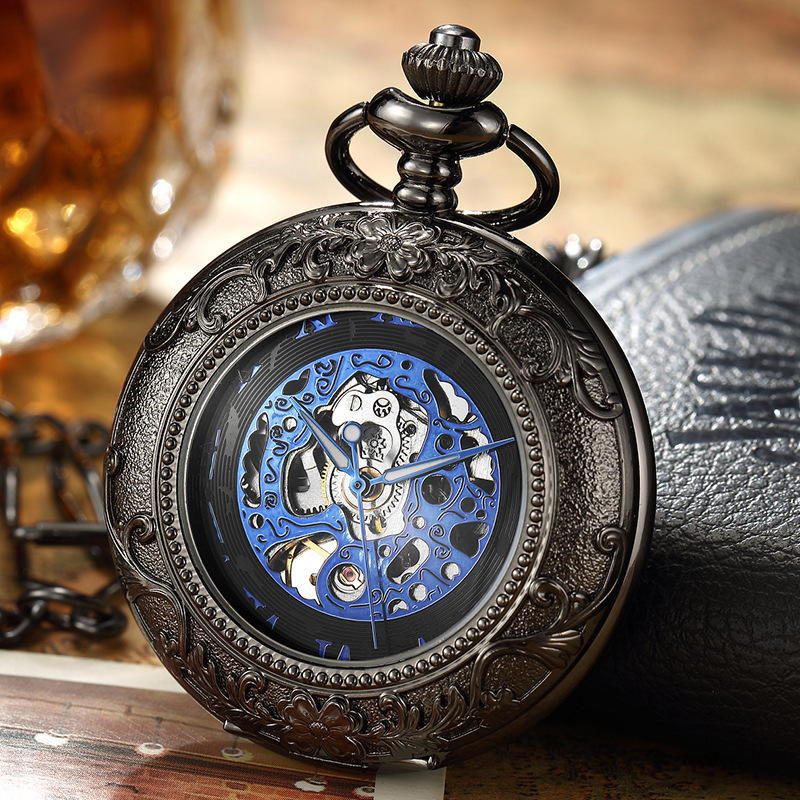 Steampunk Blue Hands Scale Mechanical Skeleton Pocket Watch with Chain