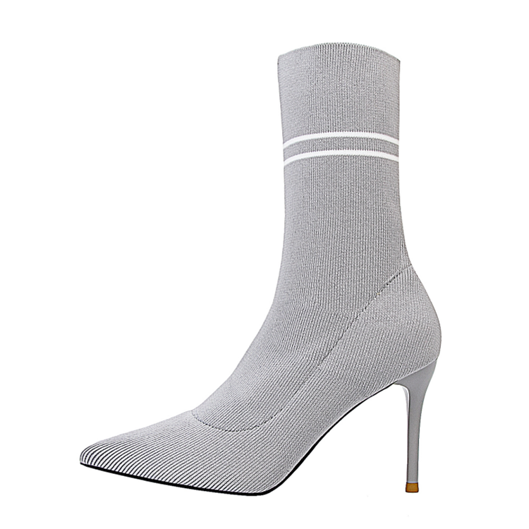 Thin heel pointed toe knitted socks nude womens boots