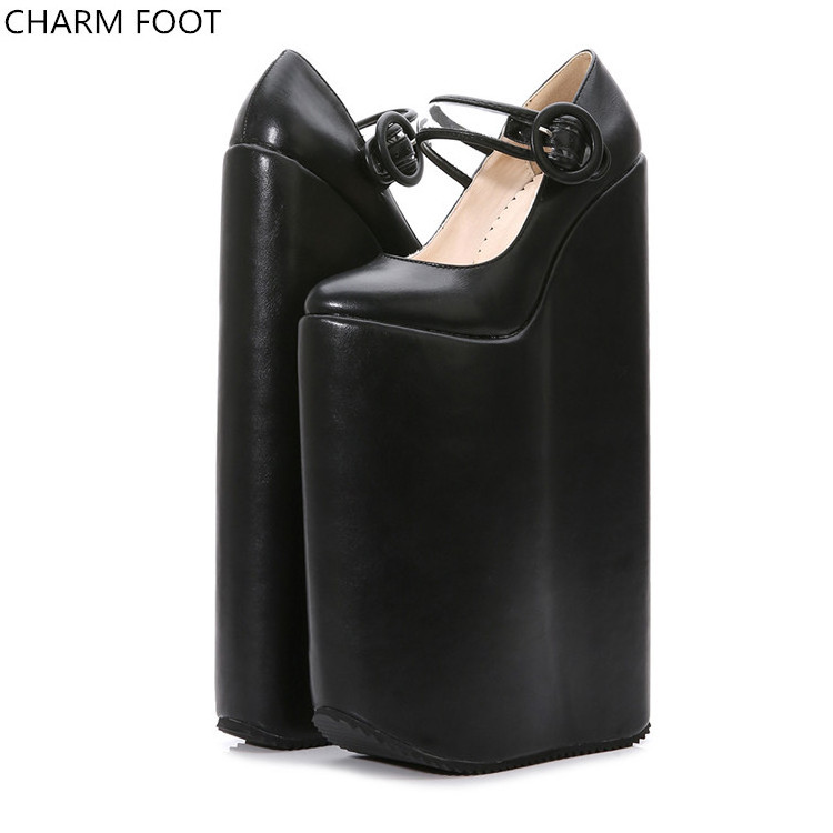 latest fashion PU black sex women modeling platform Thick bottom 30cm high heels