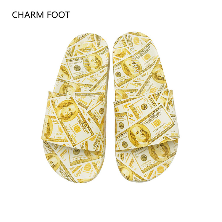 Cross border European and American fashion dollar graffiti style flat bottomed flip flops for women in 2021 summer