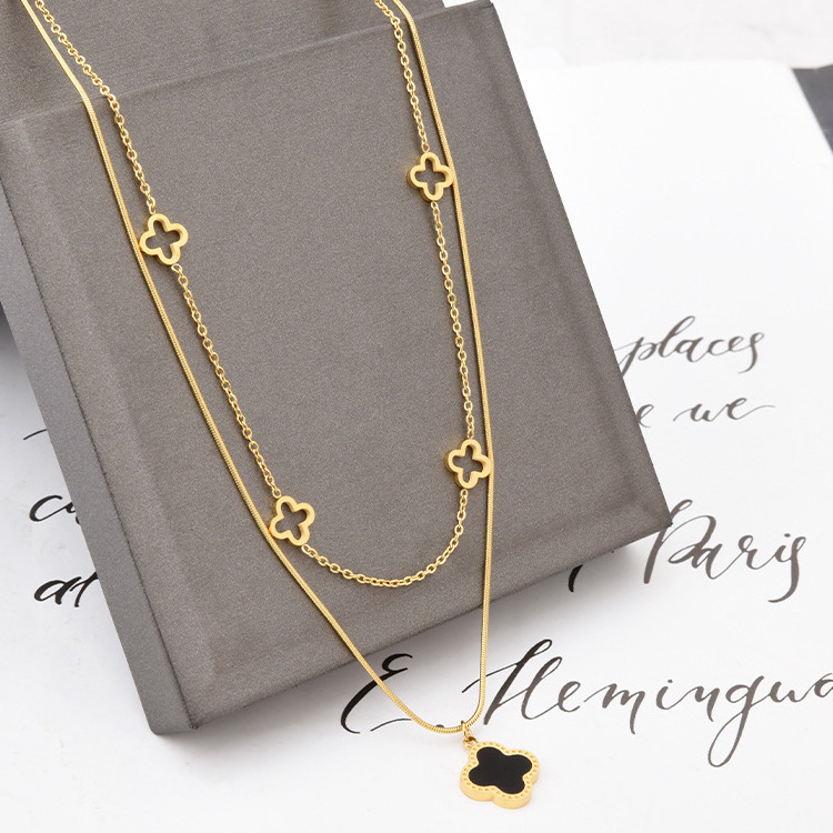 Manufacturer Wholesale Brand Jewellery 18K Gold Plated Stainless Steel Jewelry Double Layer Clover Necklace Jewelry for Women