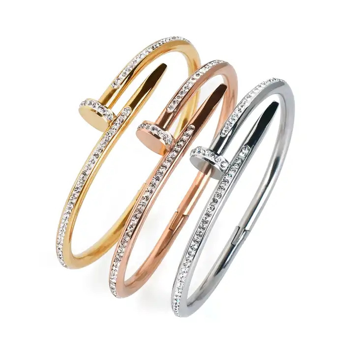 Wholesale Gold Plated Stainless Steel Cuff Nail Designer Bracelet Jewelry and Girls Bangle With Zircon Mother Bracelets for Gift