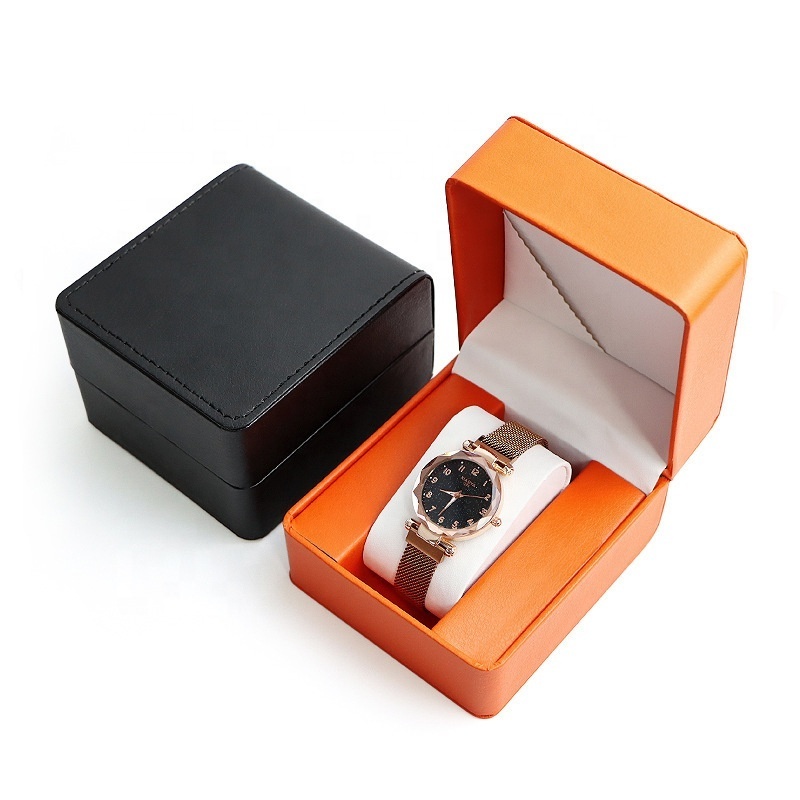 Luxury Custom Logo Black Orange Single Watch Boxes & Cases Pu Leather Square Watch Gift Box With Round Corner