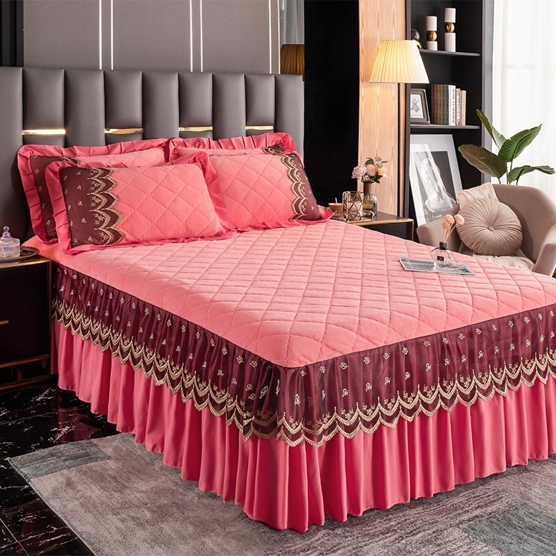 Bed Skirt with Quilted Platform-Queen Deep Drop velvet  Bedspread 3 Side Dust Ruffle Drape Fitted Sheet