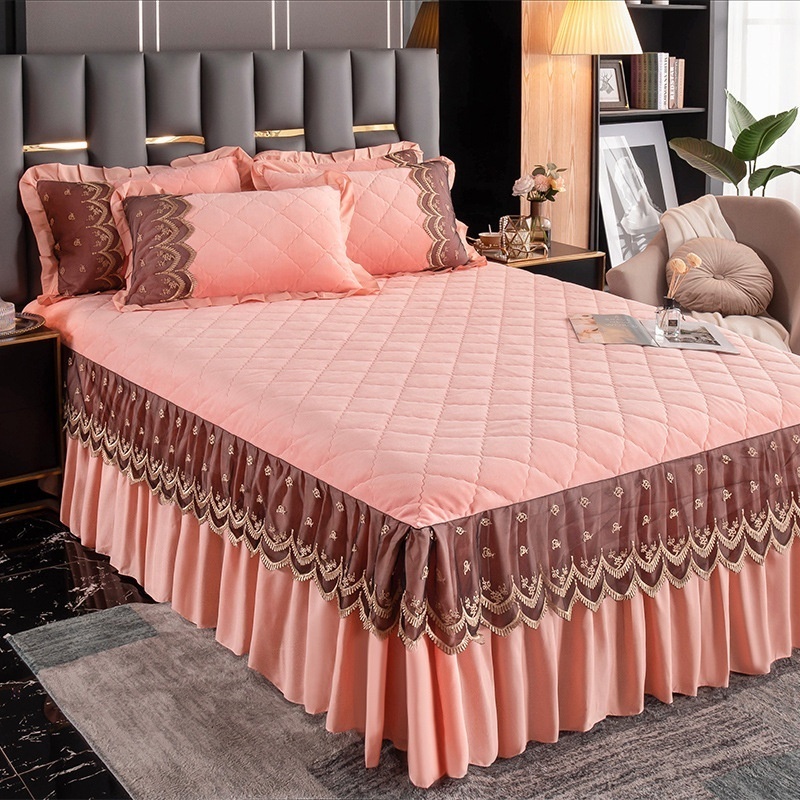 Bed Skirt with Quilted Platform-Queen Deep Drop velvet  Bedspread 3 Side Dust Ruffle Drape Fitted Sheet