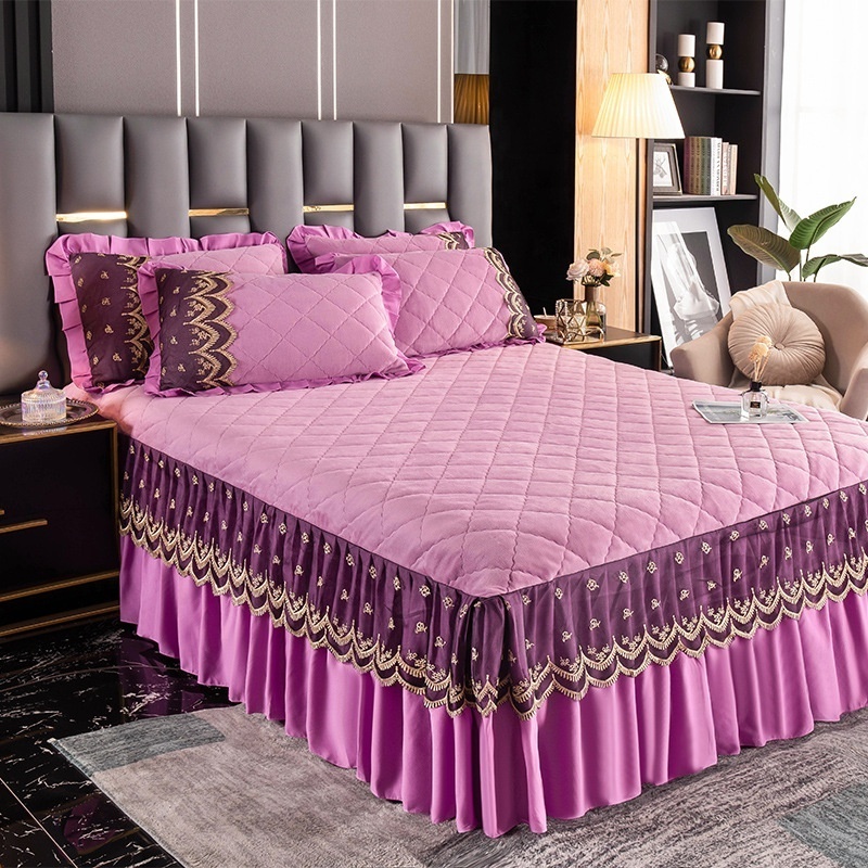 Bed Skirt with Quilted Platform-Queen Deep Drop velvet  Bedspread 3 Side Dust Ruffle Drape Fitted Sheet