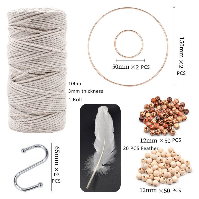 DIY Macrame Beads Wooden Rings Cord Cotton Ropes Dream Catcher Craft Macrame Kit for DIY Plant Hangers Home Decoration