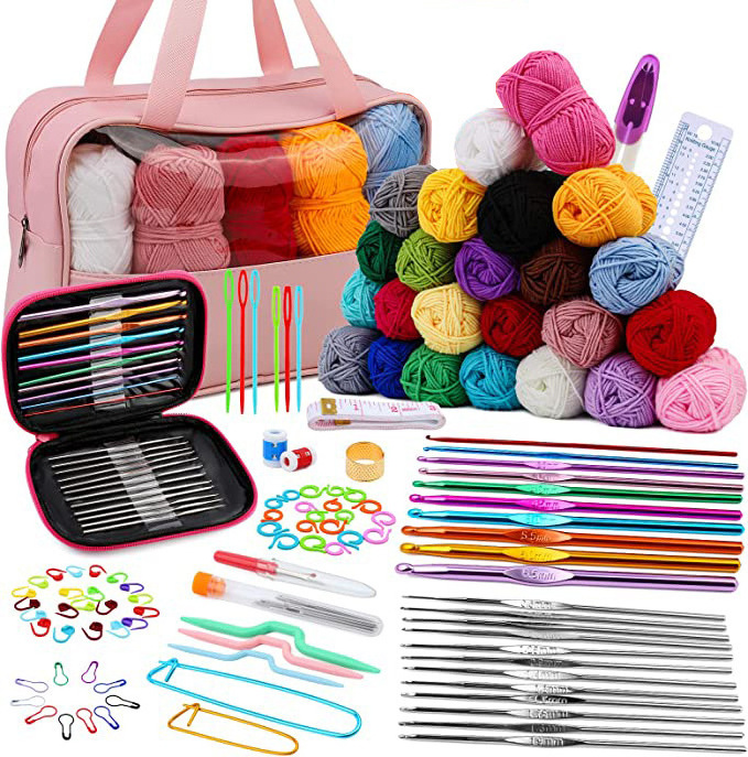 127 Piece Crochet Kit with Crochet Hooks Yarn Set Beginner Crochet Complete Tools Includes Yarn Balls Needles Accessories Kit