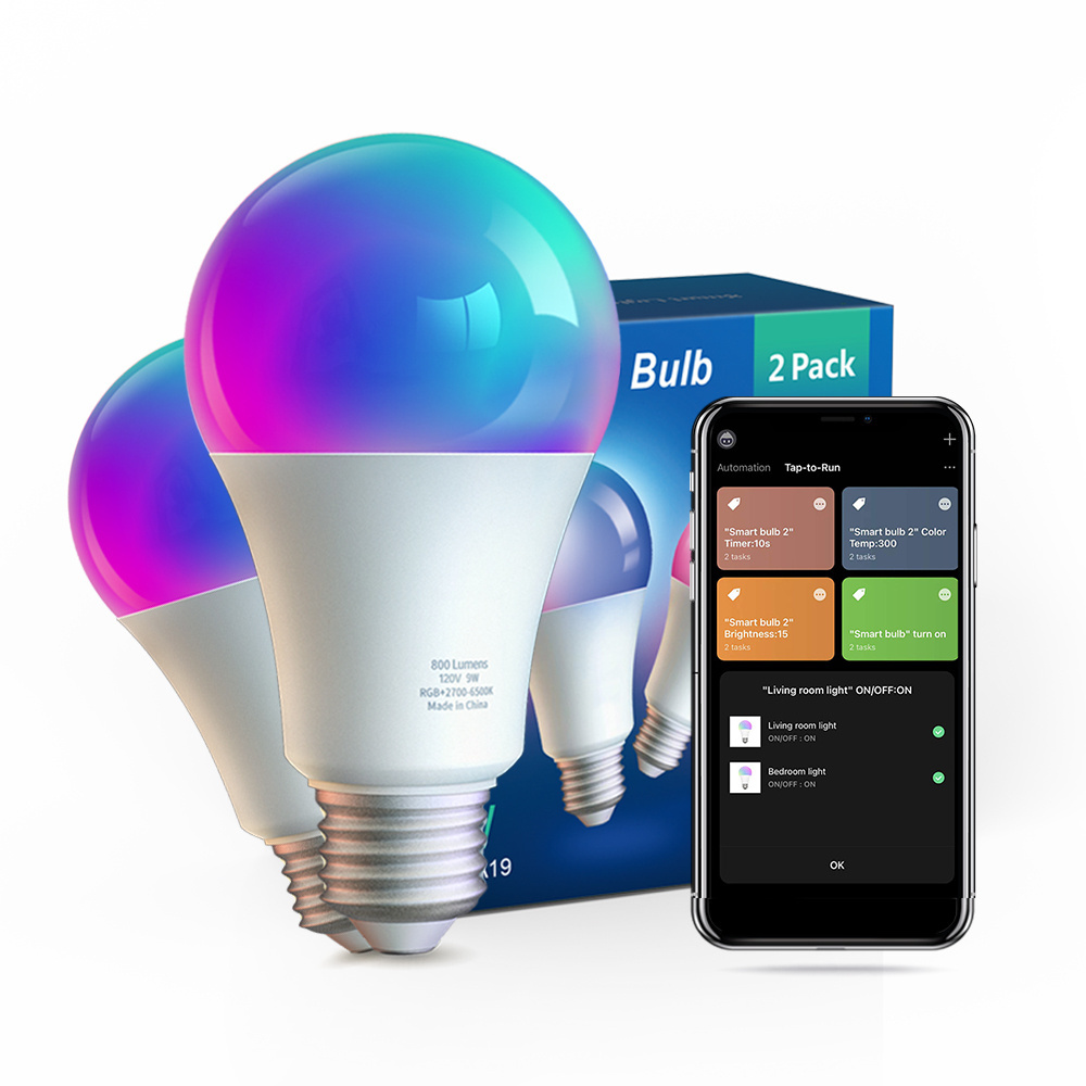 NEW 2 Pack Set E26 A19 RGB Multi Color BT and App Control Alexa Google Assistant Dimmable LED Light Bulbs 2024