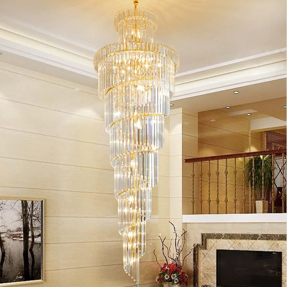 New Modern Luxury Indoor Gold Large Round Stairwell Stair Lighting Crystal Chandeliers Pendant Lights For Hotel Lobby Staircase