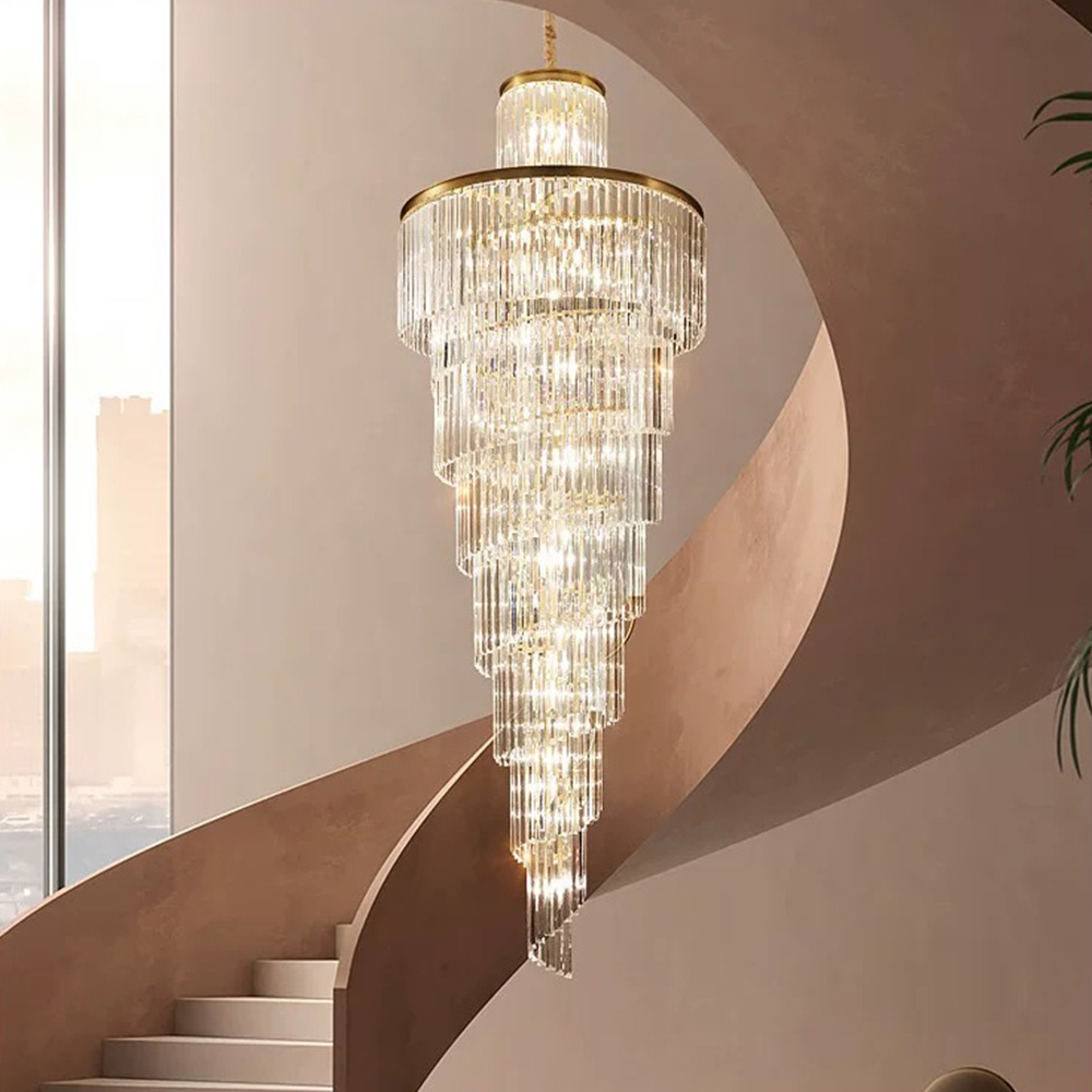 New Modern Luxury Indoor Gold Large Round Stairwell Stair Lighting Crystal Chandeliers Pendant Lights For Hotel Lobby Staircase