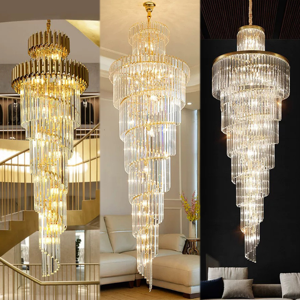 New Modern Luxury Indoor Gold Large Round Stairwell Stair Lighting Crystal Chandeliers Pendant Lights For Hotel Lobby Staircase