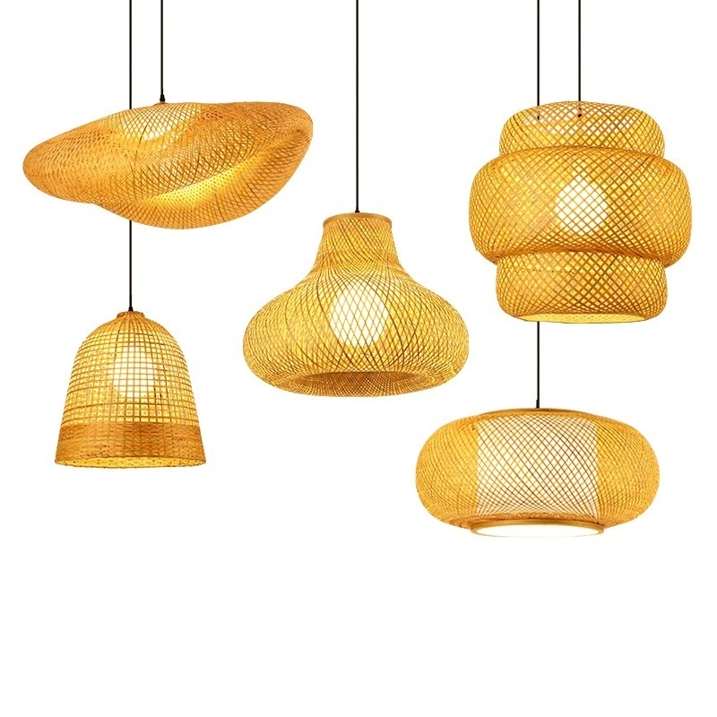 New Lamp Shade New Vintage Wicker Rattan Wave Shadow Chandelier Ceiling Light 2024