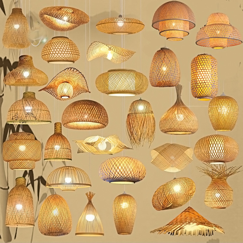 New Lamp Shade New Vintage Wicker Rattan Wave Shadow Chandelier Ceiling Light 2024