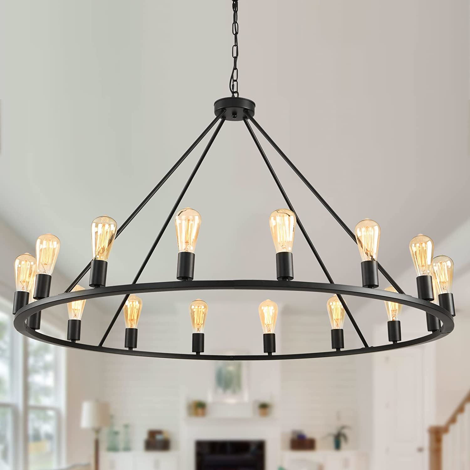 New Modern Farmhouse Black Metal Wagon Wheel Large Round Rustic Light Fixture Iron Ring Chandelier With Glass Shade Hotel 2024