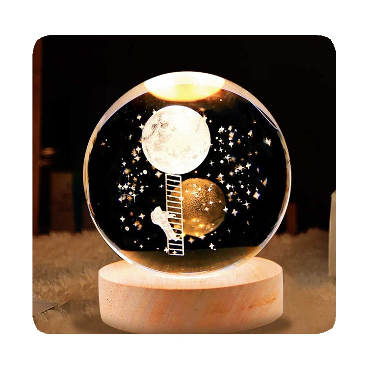 NEW Neon Hot Sale Wooden Bottom Galaxi Star Bedside Lights 3D Glass Crystal Ball LED Moon Lamp For Bedroom Kids Girlfriends Gift