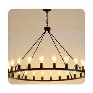 New Modern Farmhouse Black Metal Wagon Wheel Large Round Rustic Light Fixture Iron Ring Chandelier With Glass Shade Hotel 2024