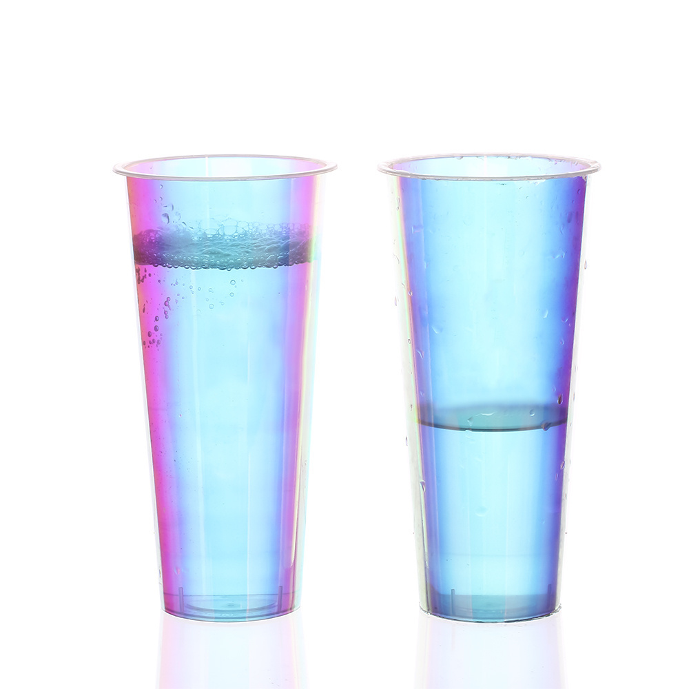 Manufacturers customized disposable milk tea cup dazzling  film paste cup injection laser  rainbow plastic juice cup