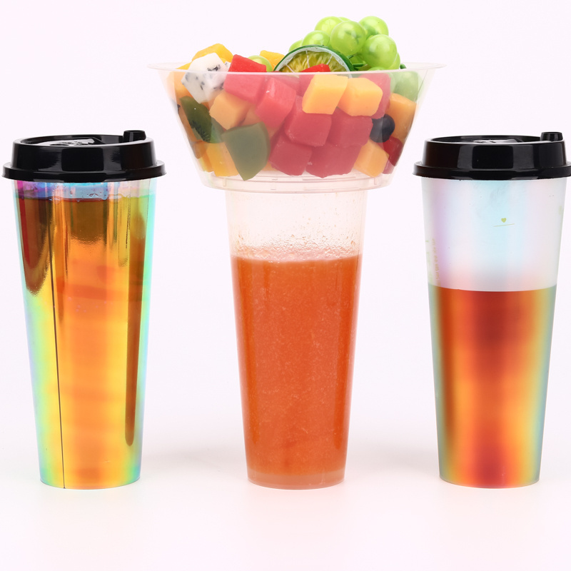 Manufacturers customized disposable milk tea cup dazzling  film paste cup injection laser  rainbow plastic juice cup