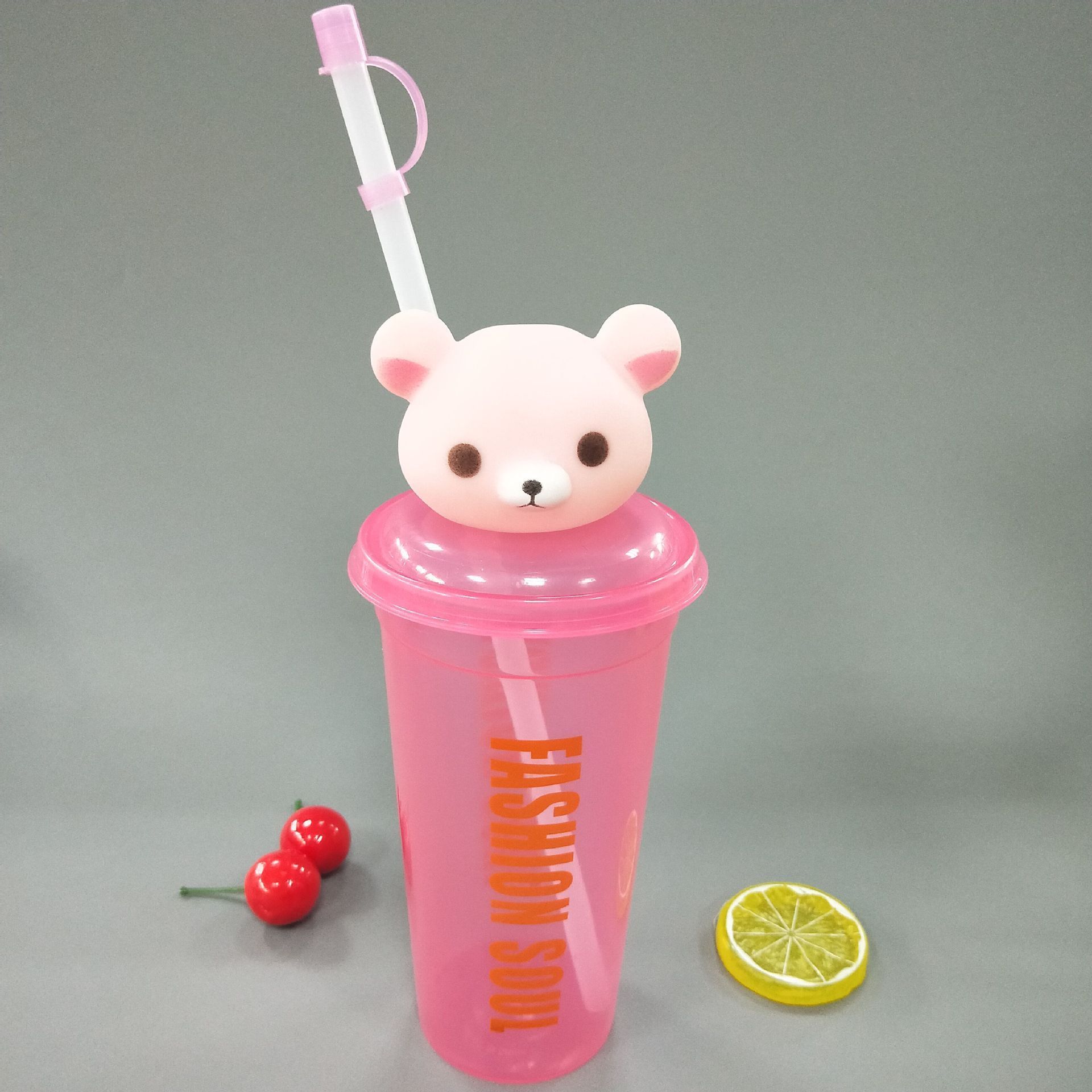 Promotional clear plastic PET shaped animal cup bubble tea cup with straw and lid disposable animal head straw cup