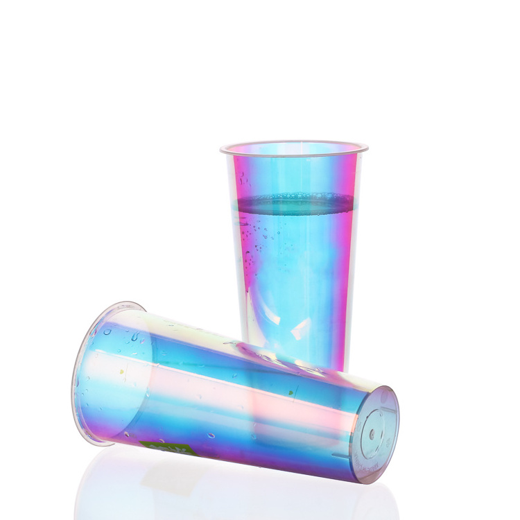 Manufacturers customized disposable milk tea cup dazzling  film paste cup injection laser  rainbow plastic juice cup