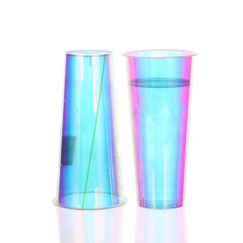 Manufacturers customized disposable milk tea cup dazzling  film paste cup injection laser  rainbow plastic juice cup