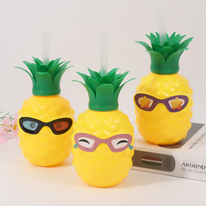 16oz Cute Fruit Shaped Anime Plastic Cup Disposable Juice Drink Pineapple Cup With Lid & Straw