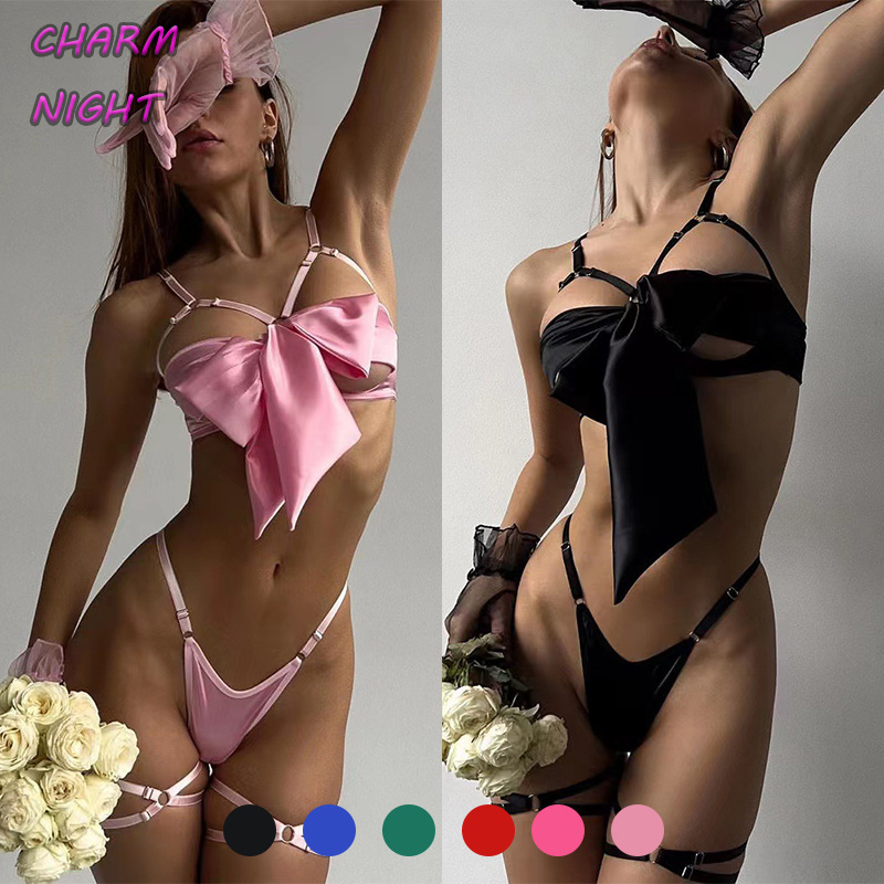 Sweet Girl Cute Pink Sexy Lingerie Femme 2023 Women Sexy Crotchless Bowknot Tie Front Open Cup Bra with Bikini Thong