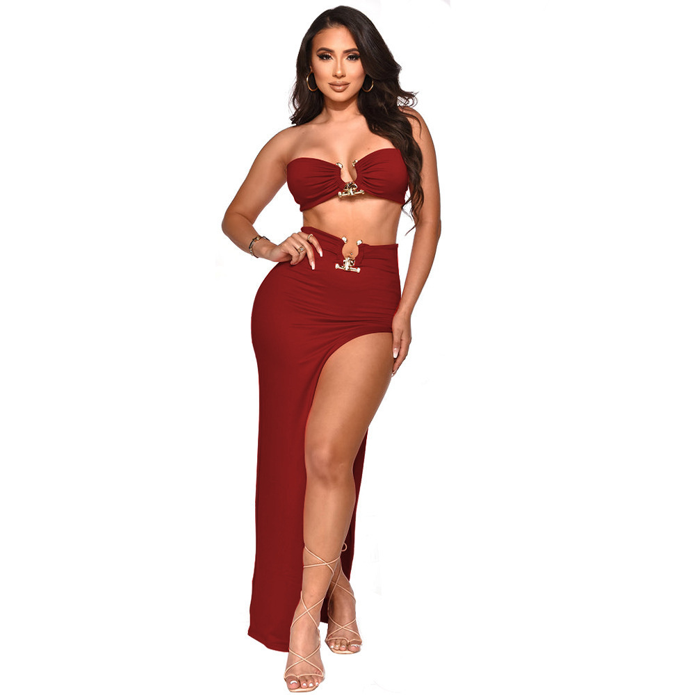 X1180 fashion sexy hot sale hollow out backless cleavage skirt and top women ladies two piece set