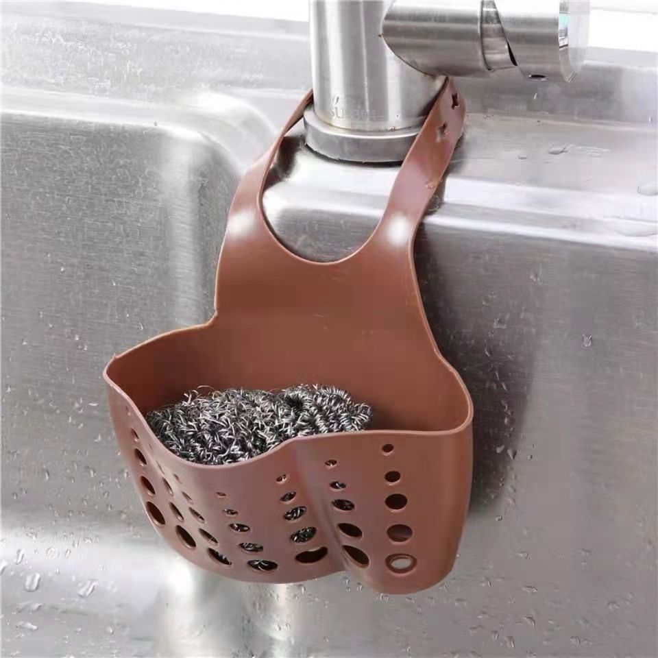 Kitchen Sink Shelf,Ajustable Strap Faucet Caddy with Drain Holes for Drying,Hanging Silicone Storage  Holder for Sponge,Soap