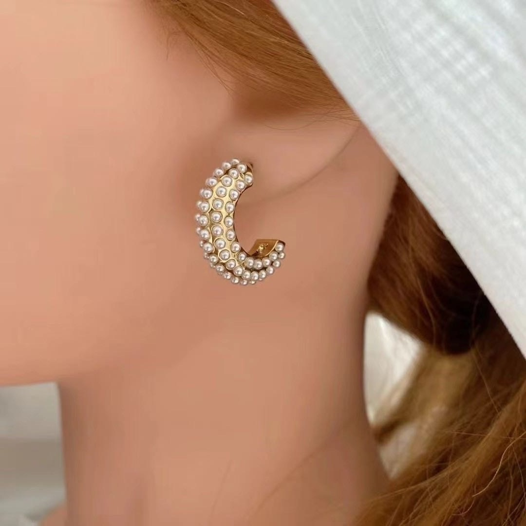 fashion gold plated fake pearl earrings / silver plated cuff earrings / copper metal hoops earring for lady