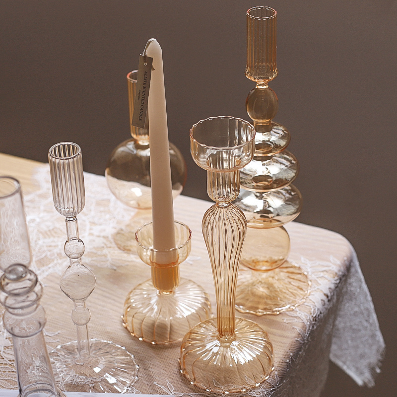 New Design Champagne Candle Holder Centerpiece for Wedding Modern Decorative Hand Blown Glass Tulip Candlestick Holder