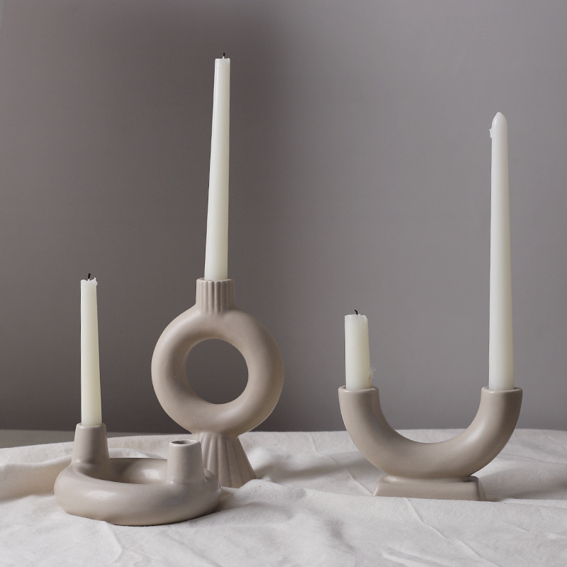 Hipster New Unique Round Candlestick Ornament Display Modern Wedding Double Tube Ceramic Candle Container Donut Candle Holder