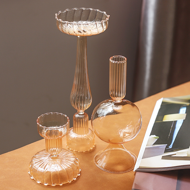 New Design Champagne Candle Holder Centerpiece for Wedding Modern Decorative Hand Blown Glass Tulip Candlestick Holder