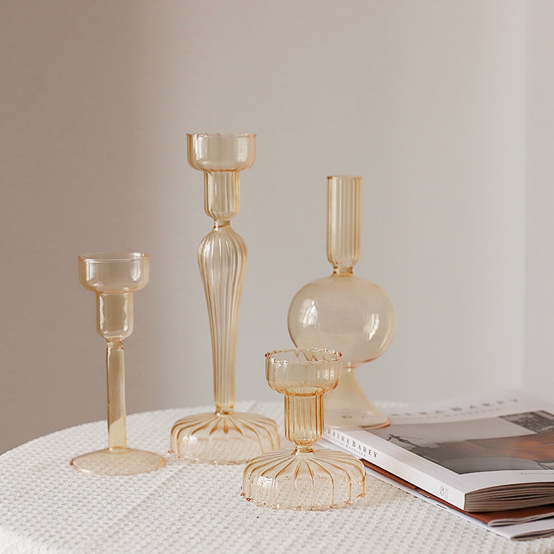 New Design Champagne Candle Holder Centerpiece for Wedding Modern Decorative Hand Blown Glass Tulip Candlestick Holder